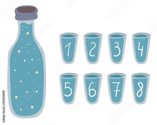 Cartoon poster with drink more water for lifestyle design.Eight glasses of water. The concept of the body's water balance Vector illustration. Healthy lifestyle.