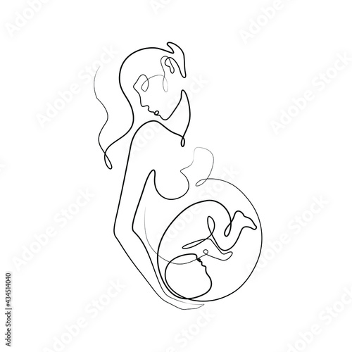 Pregnant woman abstract silhouette, pregnancy, continuous line drawing, print for clothes and logo design, emblem or logo design, isolated vector illustration.