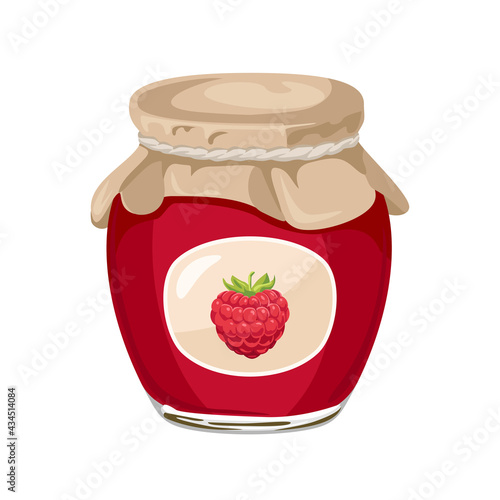 Vector Raspberry jam in glass jar flat illustration. Homemade red berry confiture cartoon icon.