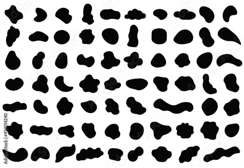 Random shapes. Irregularly shaped organic black droplets. Abstract stains, ink blots and pebble silhouettes, vector simple liquid amorphous stains set.
