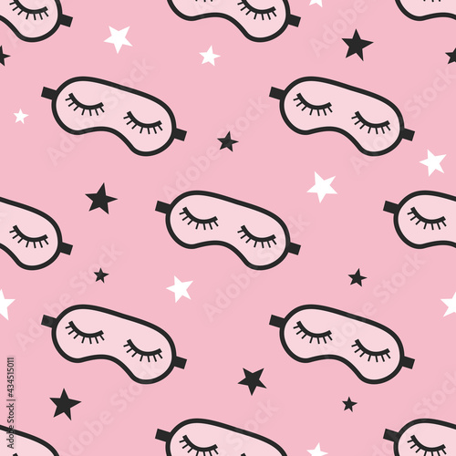 Pink and black mask for sleeping with the stars. Vector seamless pattern. Decor for children's posters, postcards, clothing and interior