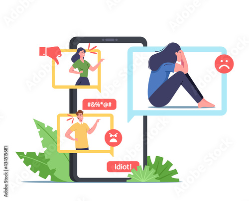 Cyberbullying Abuse, Attack. Bully Hater or Troll Laughing on Woman in Internet Online Network. Teen Character Crying