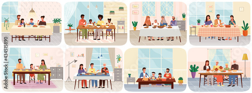 Set scenes of people having family dinner in traditional styles of countries of world. Cartoon characters in national costumes taste dishes at home or restaurant. Family gathering around dining table