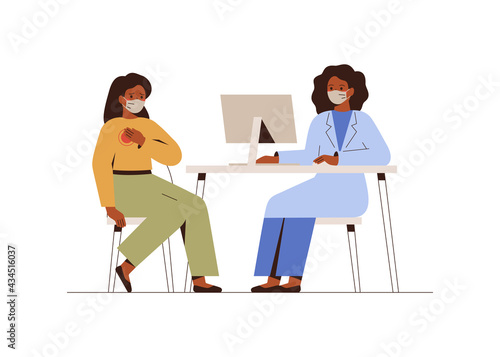 Female Doctor treats her patient with pain in the breast. Cardiologist checks up woman's heart. Offline consultation in protective masks. Vector. Cardiology and mental health concept