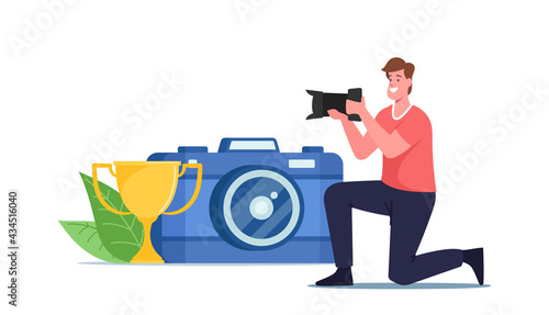 Photo Contest, Tournament Concept. Tiny Photographer Male Character Take Part in Photography Competition