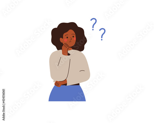 Black businesswoman thinks about something and looks at question marks. Thoughtful African girl makes the decision or explains some things for herself. Vector illustration