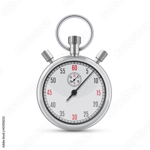 Realistic illustration of metallic chrome mechanical analog stopwatch on white background.