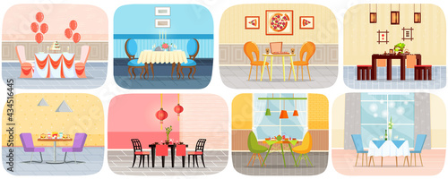 Set of illustrations about restaurant table for two person. Restaurant or cafe interior design. Served table with tablecloth, dishes and decorations. Furniture and interior elements of modern cafe