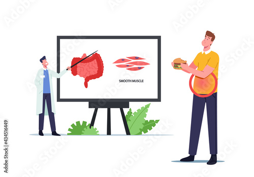 Tiny Doctor Character Presenting Intestines Smooth Musculature on Huge Screen with Infographics, Man Eating Fast Food