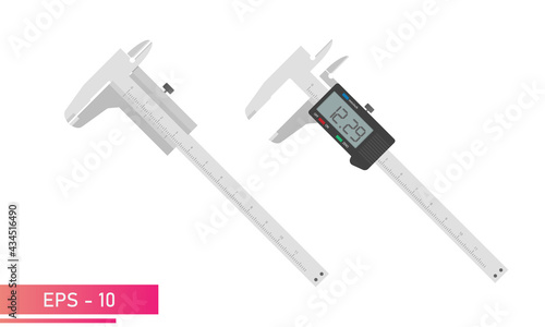 Measuring instruments, manual and digital vernier calipers. Realistic design. On a white background. Tools for the specialist. Flat vector illustration.