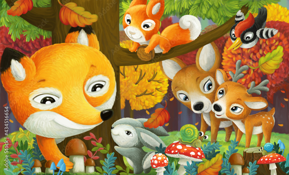 cartoon scene forest animals friends having fun cartoon scene forest animals friends having fun