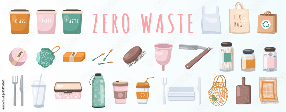 Zero waste logo design template set. No plastic and usage of environmentally friendly items. Bath and kitchen utensils made from organic natural materials. Reusable objects without harm to nature Zero waste logo design template set. No plastic and usage of environmentally friendly items. Bath and kitchen utensils made from organic natural materials. Reusable objects without harm to nature