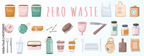 Zero waste logo design template set. No plastic and usage of environmentally friendly items. Bath and kitchen utensils made from organic natural materials. Reusable objects without harm to nature