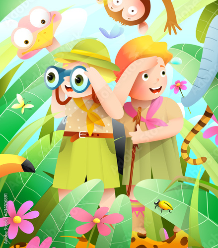Girl and Boy scout kids in African jungle adventure, little explorers hiking expedition. Jungle animals hiding from scouts in forest, help them find the tiger. Watercolor style kids vector cartoon.