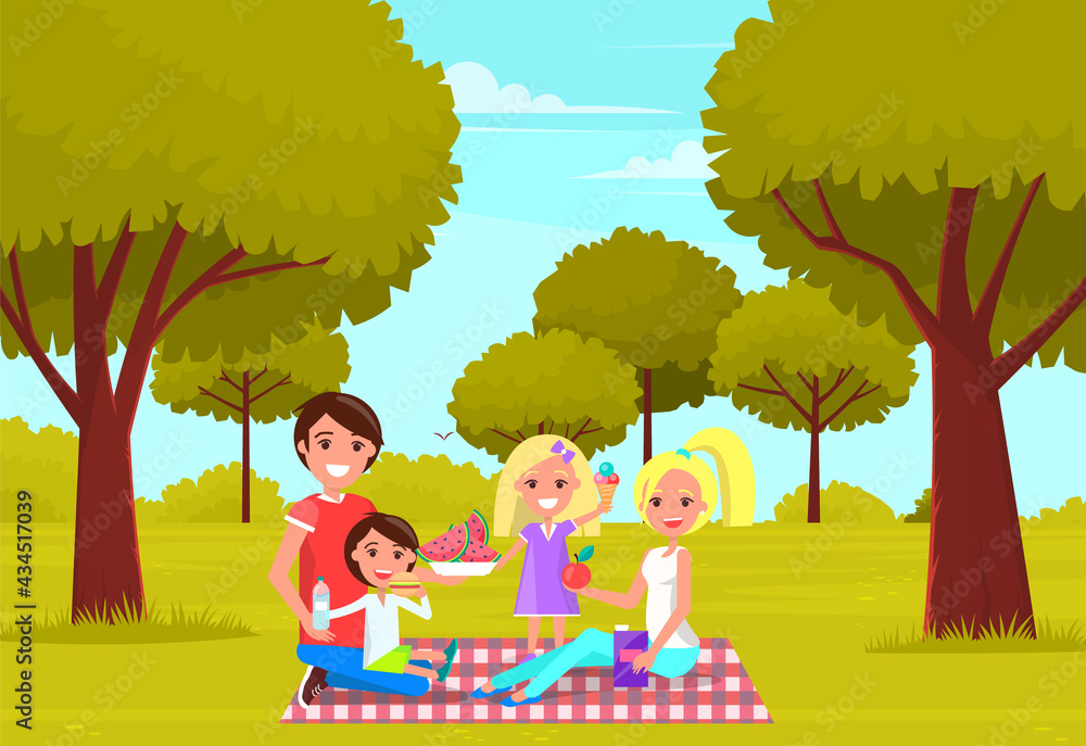 Picnic in forest or park in spring. Happy family with fresh fruits and ice cream. Group of people drinking and eating food outdoors. Parents with children having fun and relaxing in nature summertime
