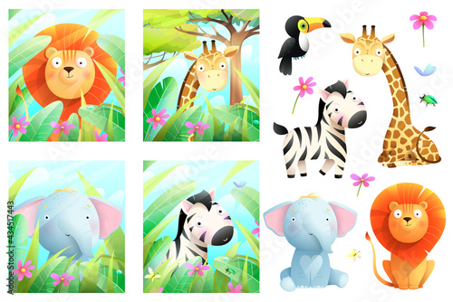 African safari animals big collection in the wild nature and isolated clipart . Colorful jungle wildlife poster or greeting cards collection for kids, vector cartoon in watercolor style. © Popmarleo