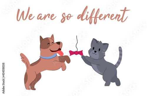 Cute cat and dog on a postcard in vintage style creative design You are my best friend dark brown and light cats vector illustration.
