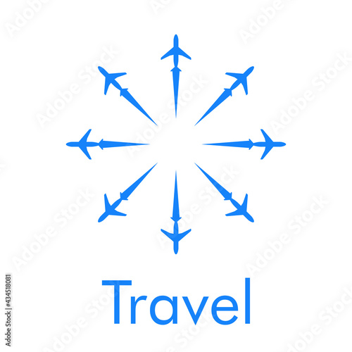 Logotipo con texto Travel y grupo de aviones con trayectoria con forma de estrella en color azul