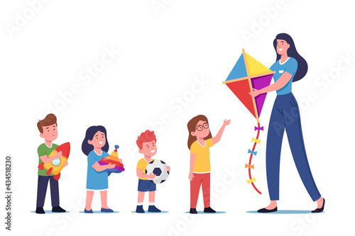 Woman Giving Toys to Orphans Stand in Line, Donation of Goods for Poor Children. Female Volunteer Character Caring