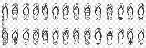 Slippers personal footwear doodle set. Collection of hand drawn various slippers footwear accessories for beach or home in rows isolated on transparent background 