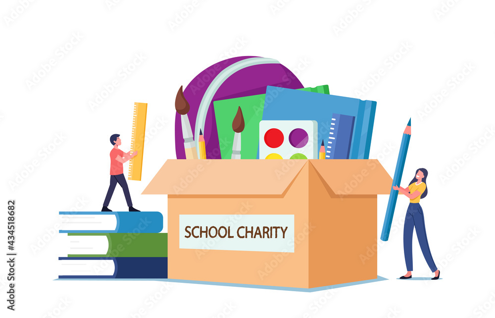 Sponsors Humanitarian Aid and Solidarity. Tiny Male and Female Characters Put Books and Stationery in Huge Donation Box Sponsors Humanitarian Aid and Solidarity. Tiny Male and Female Characters Put Books and Stationery in Huge Donation Box