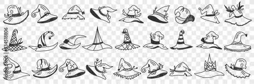 Gnome cap styles doodle set. Collection of hand drawn various shapes and designs of gnomes caps individual traditional accessories in rows isolated on transparent background 