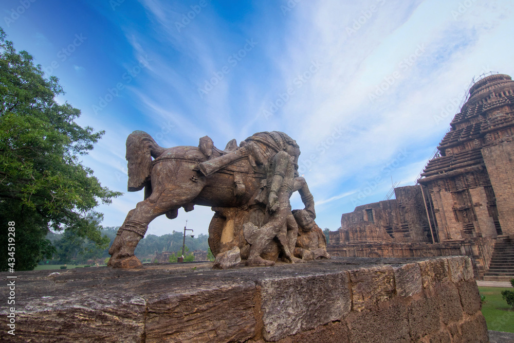 Warrior Rider and War Horse Ancient Stone carving Statue Sculpture at 13th CE Konark Sun Temple in Odisha ,India 
