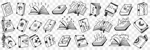 Occult spiritual books doodle set. Collection of hand drawn various books with sigs and symbols of occultism and spirituality on covers in rows isolated on transparent background 