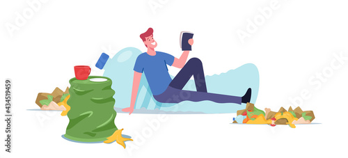 Plastic Pollution, Untidiness Concept. Sloppy Character Live in Garbage, Man Sitting on Huge Plastic Bottle with Trash