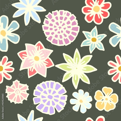 Flowers. Seamless illustration. Cartoon style sketch of meadow. Hand outline drawing plants. vector