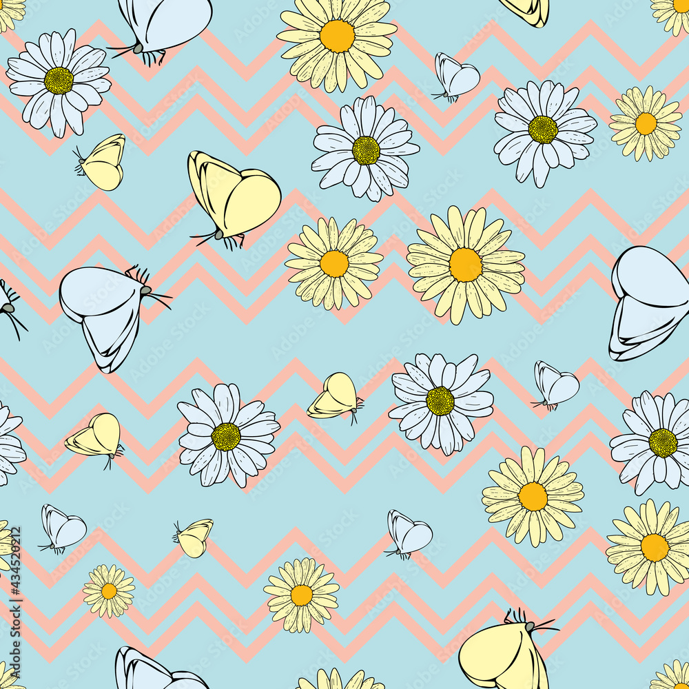 Vector white background daisy flowers, wild flowers and butterflies, insects. Seamless pattern background