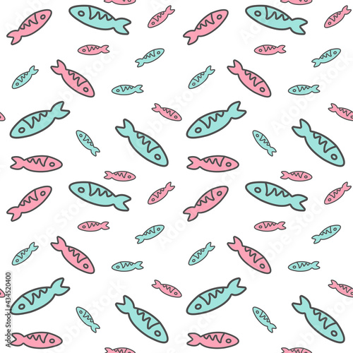 Seamless pattern with small colored fishes. Hand drawn style vector illustration, endless background. Cartoon style