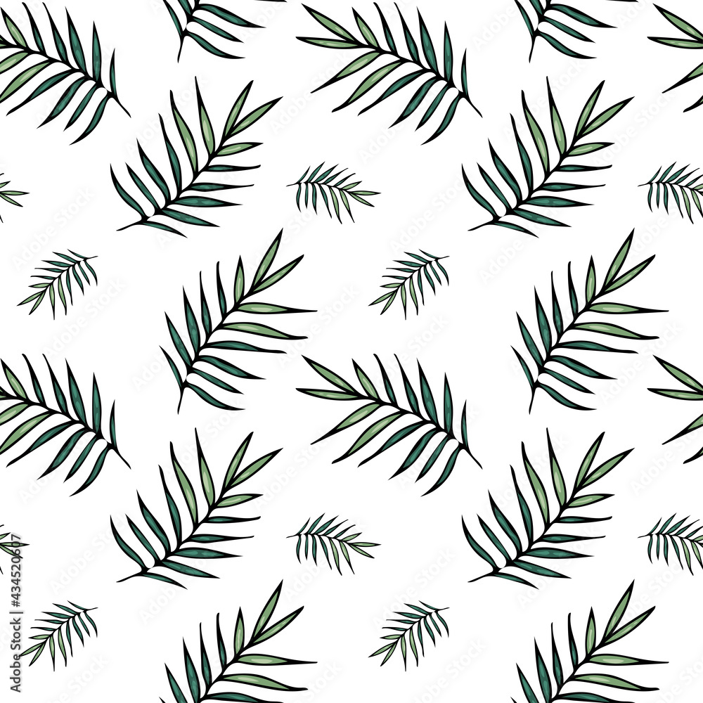 Seamless pattern with palm branch, plant endless texture, background. Vector illustration in hand drawn style