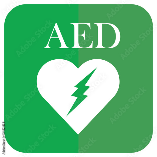 AED,automated external defibrillator / aed sign with heart and electricity symbol flat vector icon	