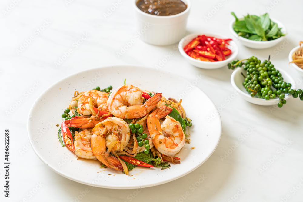 stir fried holy basil with shrimps and herb