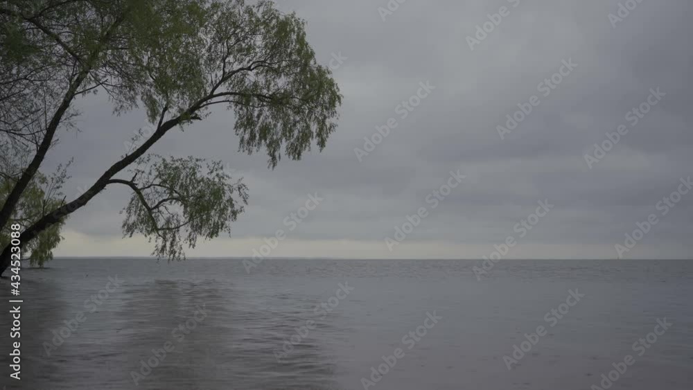 Rainy day on the river. Raindrops on the water surface Rainy day on the river. Raindrops on the water surface