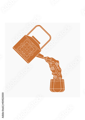Editable Side View Monochrome Style Pouring Masala Chai and Ingredients from Patterned Metal Kettle into Cup Vector Illustration for Artwork Element of Beverages With South Asian Culture and Tradition