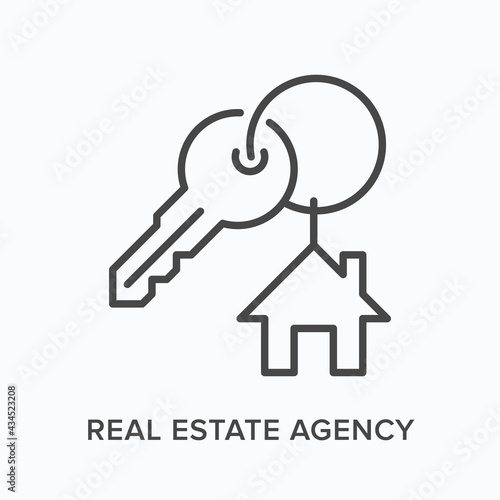 Real estate agency flat line icon. Vector outline illustration of key and house sign. Black thin linear pictogram for property sale and rental