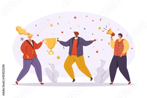 A group of businessmen in bright and modern business attire celebrate success. A woman and a man hold a cup, and their colleague next to them speaks into a megaphone. Flat vector illustration.
