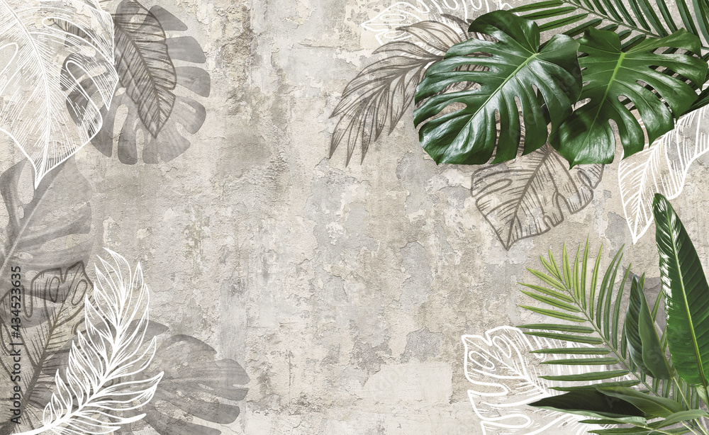 Tropical leaves on beige old concrete wall background. Material for advertising and creativity. Monstera Leaves. 3d illustration. Banner With Copy Space - obrazy, fototapety, plakaty 