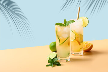 Two summer cold mojito cocktails with orange and lime slices on blue and beige background. Refreshing summer beverage with sunny shadow.
