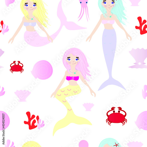 Mermaids and under the sean life seamless pattern. Mermaids print for textile, kids apparel, stationary goods