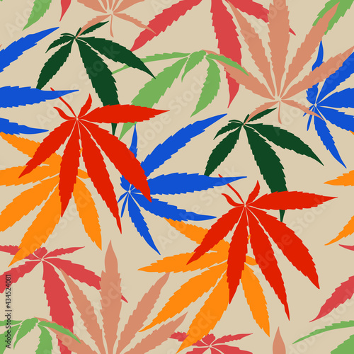 Hand drawn seamless pattern with cannabis plant, cannabis leaves, bright colorful cannabis pattern, yellow, orange, green, blue, beige, pink
