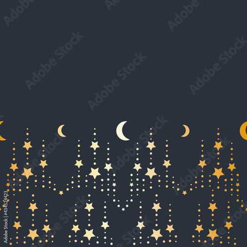 Vector Crescent Moon with Star Chains in Gold Border seamless pattern background. Perfect for fabric, scrapbooking and wallpaper projects.