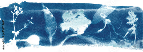 Banner in blue, cyanotype of beach finds, feather, kelp and shells, printed with the sun