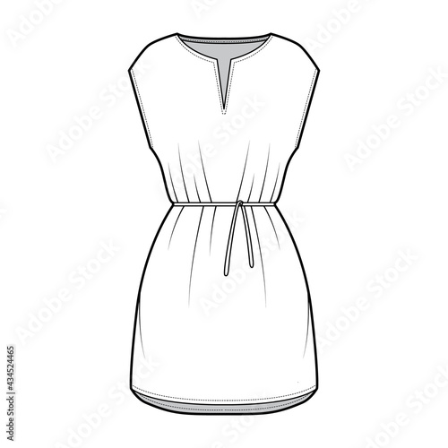 Dress tunic technical fashion illustration with tie, sleeveless, oversized body, mini length skirt, slashed neck. Flat apparel front, white color style. Women, men CAD mockup