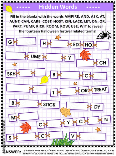 Halloween themed hidden words game or puzzle (English language). Answer included.
