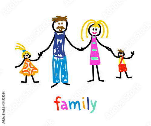 Happy family on a white background. Children's drawing. Vector illustration.