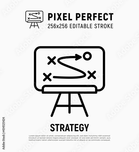 Business strategy thin line icon. Planning of tactics on blackboard. Pixel perfect, editable stroke. Vector illustration.