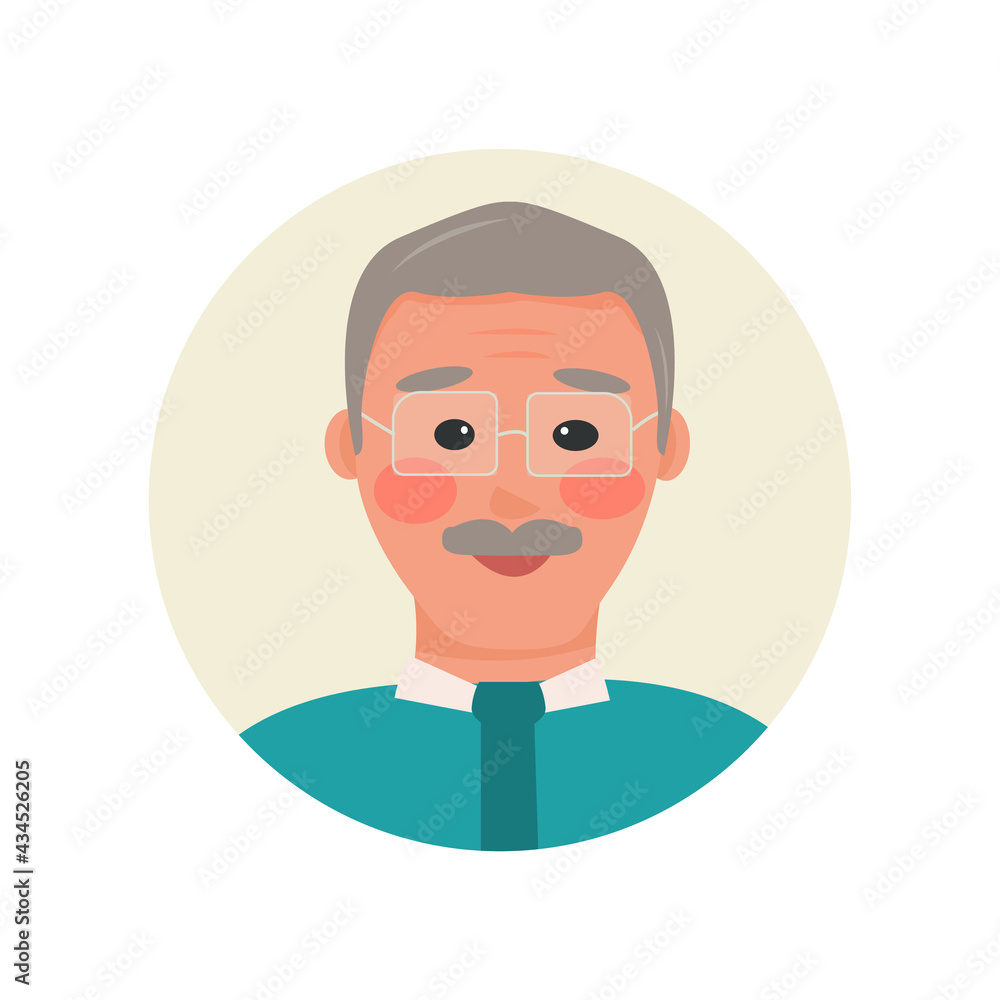 avatar gray-haired man with mustache wearing glasses. Nice character. Profile of a pensioner, grandfather for the design of thematic forums, sites, social services. Vector illustration, flat